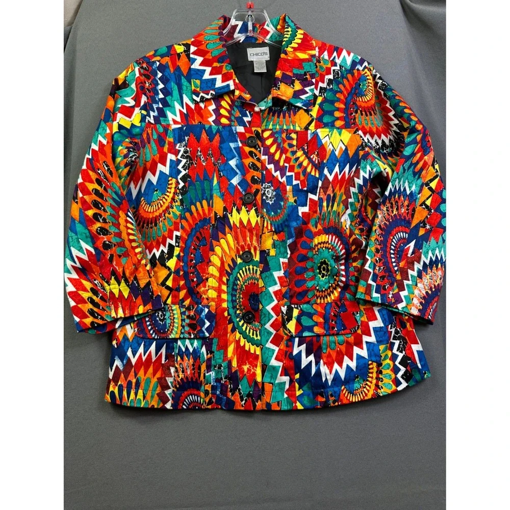 Chicos Women's Multi Color Geometric Sunburst Print Button‎ Front Jacket Size 1